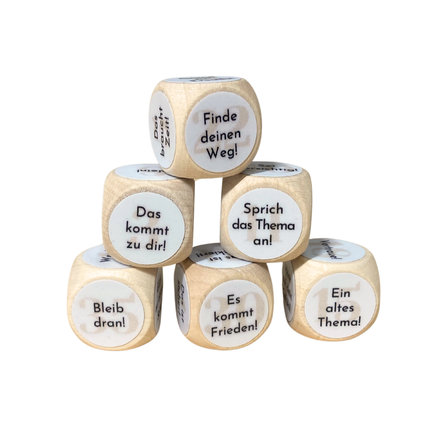 Holzwuerfel mit Botschaften Affirmation