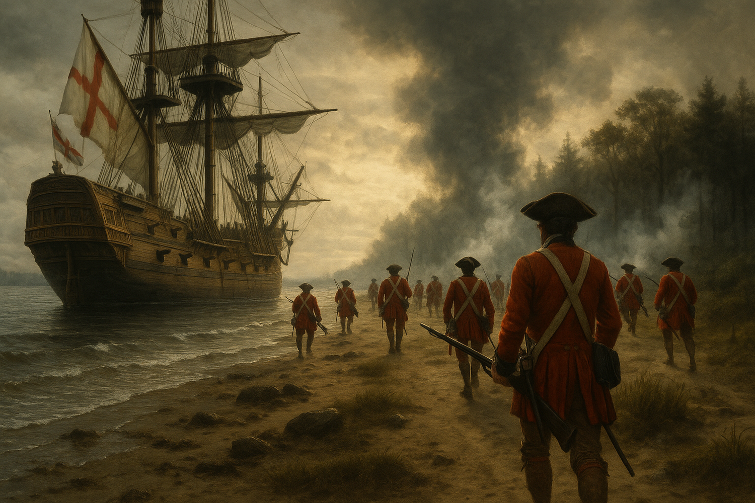 Die Szene spielt im Jahr 1700. Englische Besatzungen nehmen die Ostküste der USA ein. Ich schaue aus meiner Perspektive auf ein Ufer am Meer. Ein großes Segelschiff ist angelegt. Bestückt mit Kanonen und Soldaten mit Gewehren.
Sie stürmen in die brennenden Wälder und treiben die eingeborenen raus um sie zu töten.