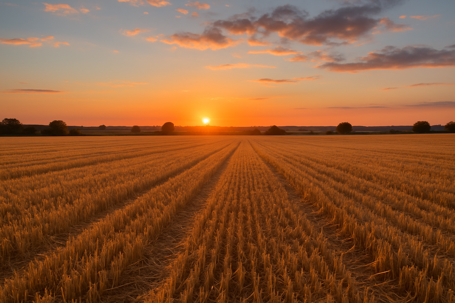 Ein abgemähtes Stoppelfeld bei Abendsonne