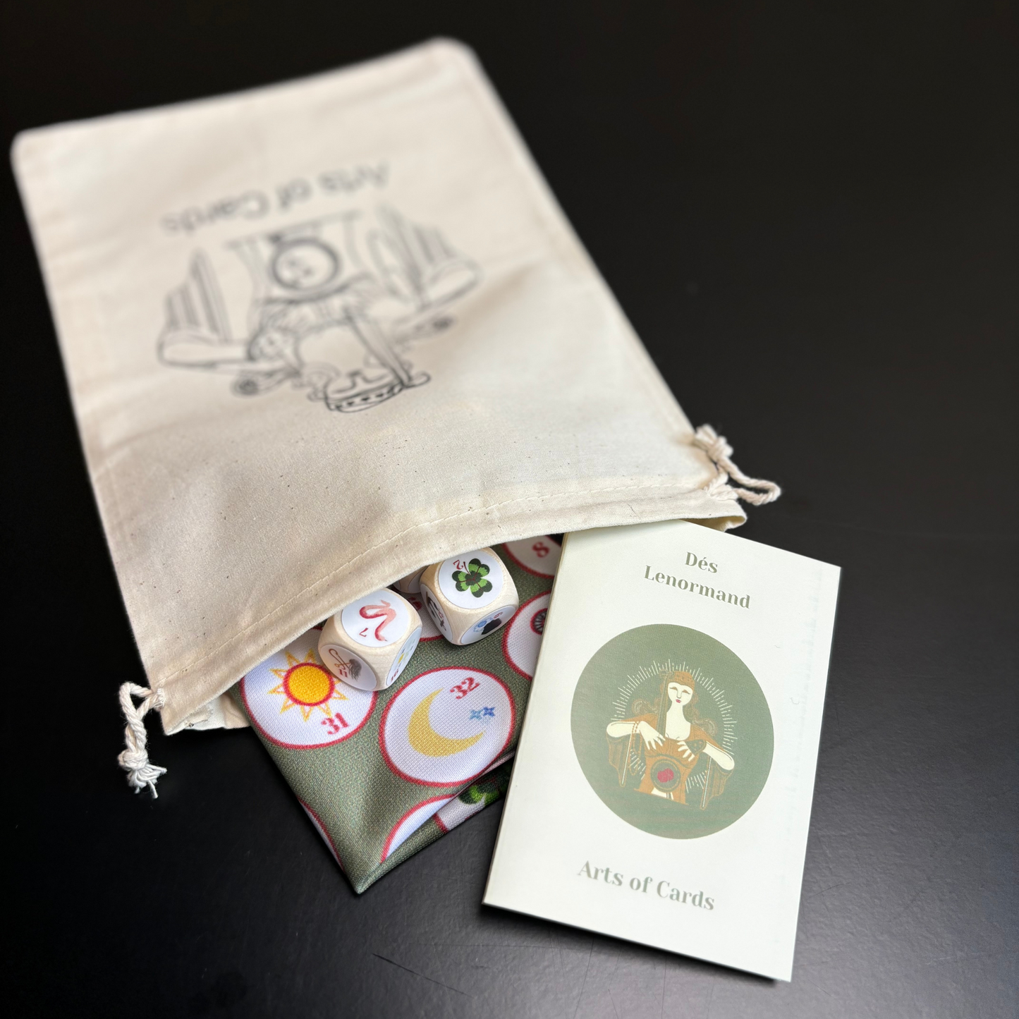 Set de dés Lenormand 6 dés d'oracle en bois avec tissu à dés et instructions