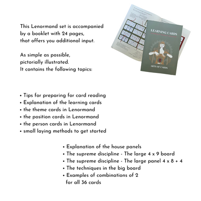 Jeu de cartes d'apprentissage Lenormand avec tableau de maison et instructions pour 4 x 9 lectures de cartes