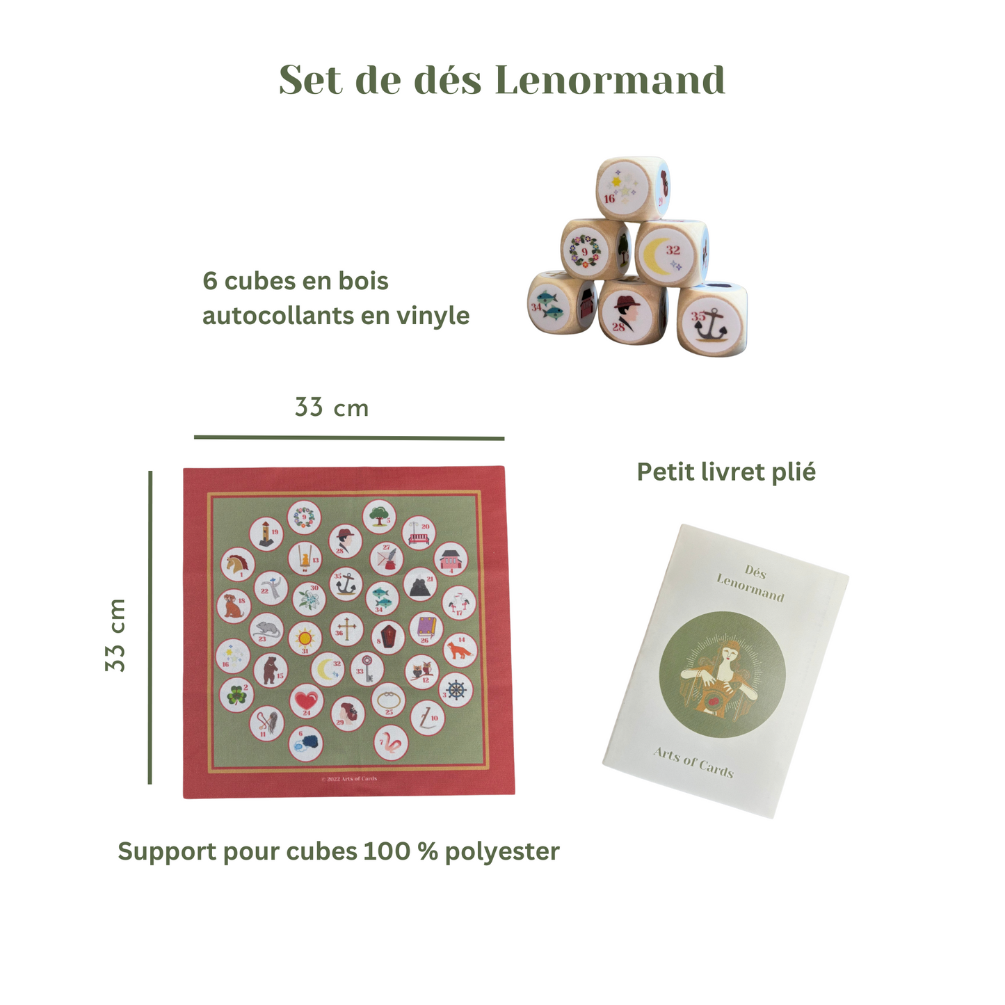 Set de dés Lenormand 6 dés d'oracle en bois avec tissu à dés et instructions