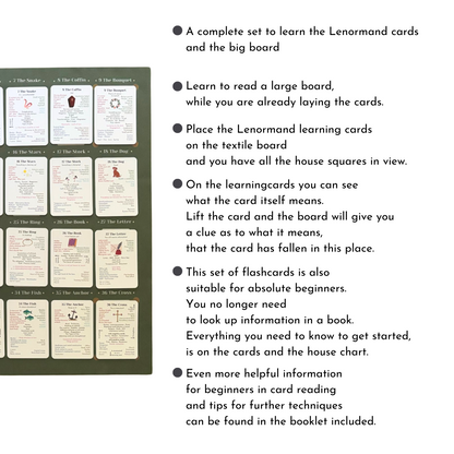 Jeu de cartes d'apprentissage Lenormand avec tableau de maison et instructions pour 4 x 9 lectures de cartes
