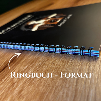 Nahaufnahme der schwarzen Spiralbindung des Arts of Cards Legemuster-Buchs