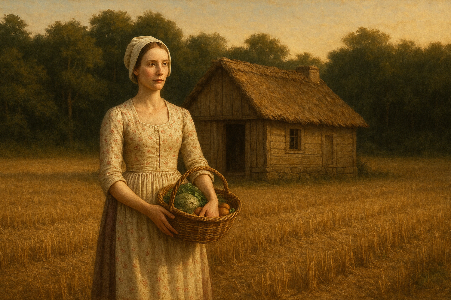 

Bitte zeige eine Kulisse von einem ganz kleinen Bauernhaus dass inmitten eines abgemähten Stoppelfeldes steht. Im Hintergrund sieht man, dass das Feld an einen Wald grenzt. Diese Szene ist in Südamerika des 1700 Jahrhunderts. Vor dem Gebäude steht eine große, schlanke Frau. Sie ist Britin. Sie trägt ein bäuerliches Kleid mit kleinen rosa und weissen Blümchen bedruckt. Sie hält einen Korb mit Gemüse im Arm. 